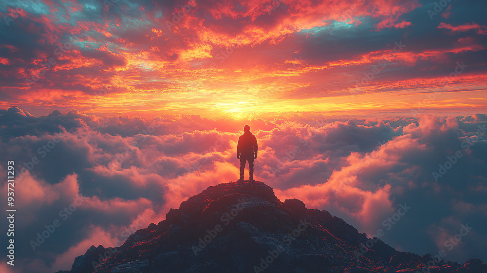 Silhouette of a man standing on a mountain peak at sunset, reflecting on the beautiful and colorful sky. Silhouette of a man standing on a mountain peak at sunset, reflecting on the beautiful and colorful sky.