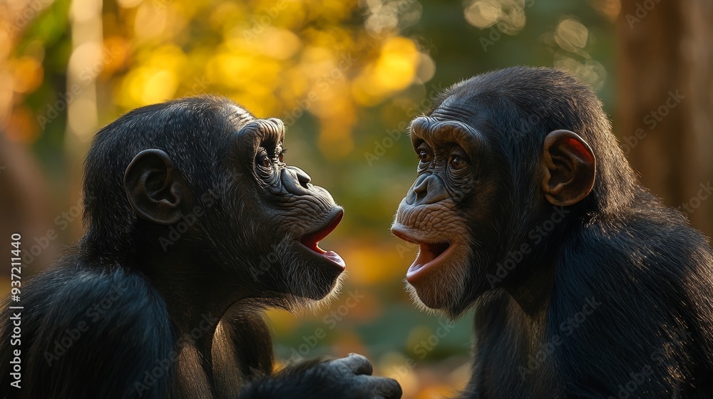 Two Chimpanzees Talking Close Up Portrait Primates Forest Background Two Chimpanzees Talking Close Up Portrait Primates Forest Background