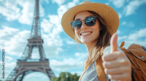 Happy tourist with thumbs up in front of Eiffel Tower.