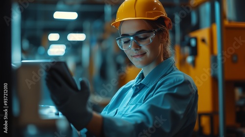 Focused on the Task: A female industrial worker in a hard hat and safety glasses, diligently working on a machine, with a determined focus on her task.