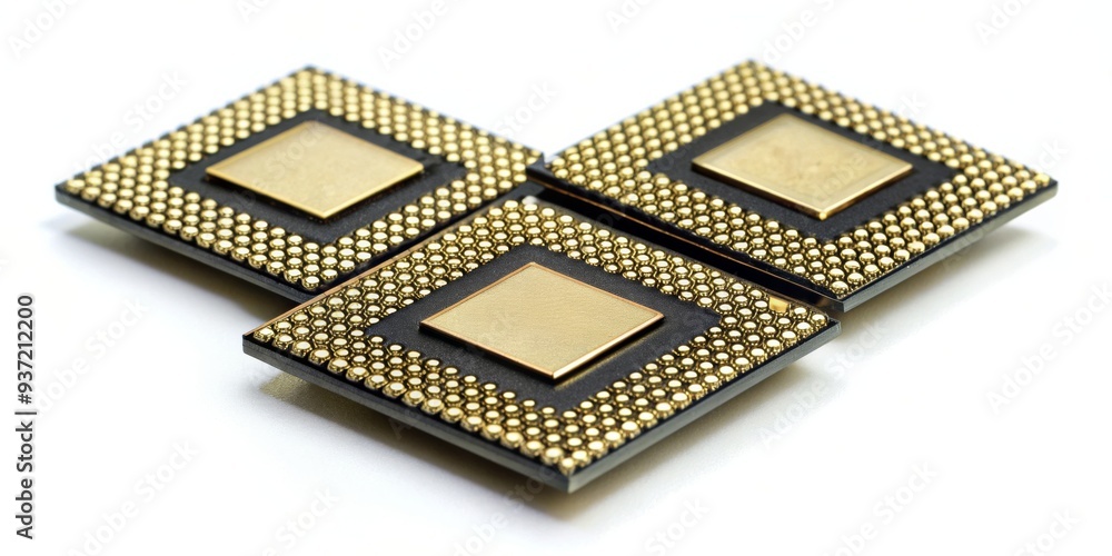 Obraz premium Three Golden CPU Chips in a Triangle, CPU, Gold, Semiconductor, Computer Chip
