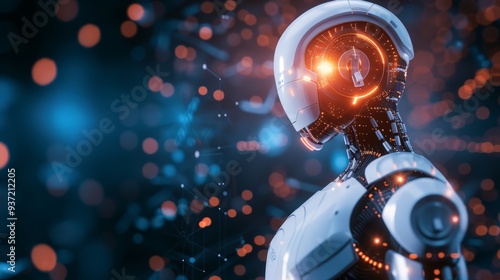 Futuristic Robot Head with Glowing Lights and Bokeh Background