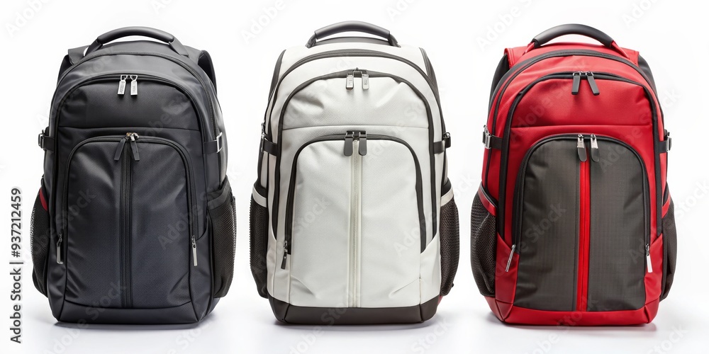 Fototapeta premium Three Stylish Backpacks in Black, White, and Red, backpack, bags, travel, fashion