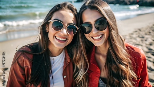 Two Happy Women in Sunglasses on a Beach.