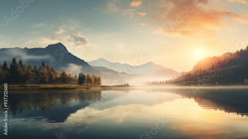 Wallpaper Mural A tranquil sunrise over a serene mountain lake, with the mist gently rising off the water's surface like a veil. Torontodigital.ca