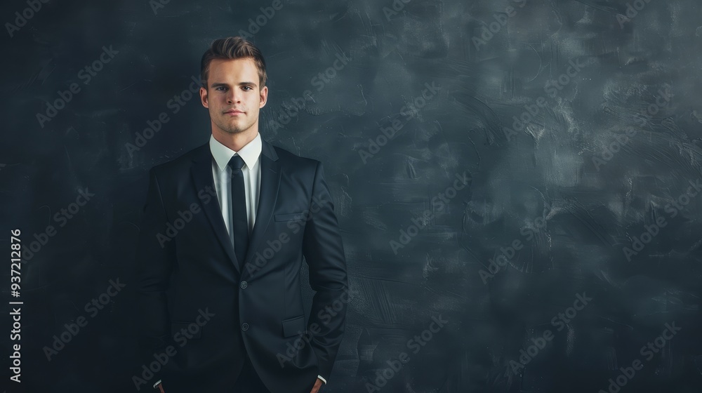 Confident Businessman in Suit and Tie Against Dark Background Confident Businessman in Suit and Tie Against Dark Background