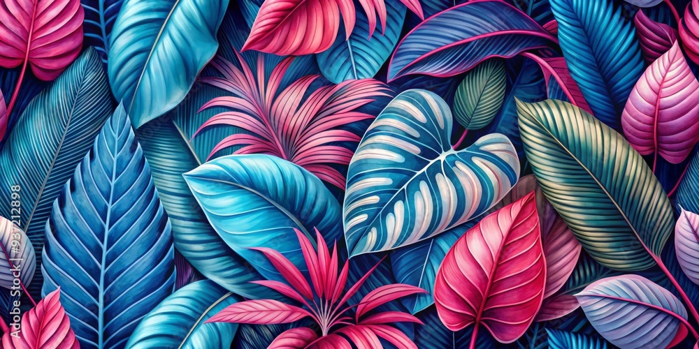 Tropical Leaf Pattern A Digital Painting of Vibrant Pink and Blue Foliage, Digital Art, Abstract , Nature , Leaves , Texture Tropical Leaf Pattern A Digital Painting of Vibrant Pink and Blue Foliage, Digital Art, Abstract , Nature , Leaves , Texture