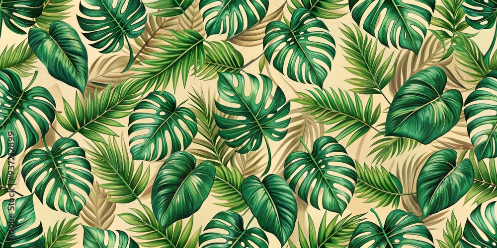 Naklejka premium Tropical Leaf Pattern Watercolor Painting of Lush Greens and Beige, Watercolor , Tropical , Leaves , Pattern
