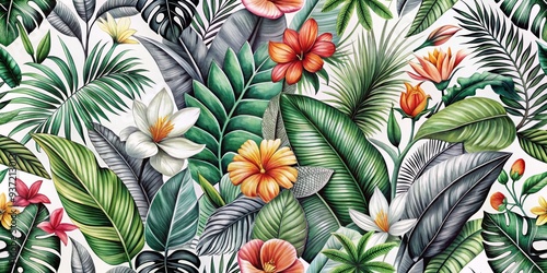 Tropical Watercolor Seamless Pattern Lush Green Foliage with Colorful Flowers, watercolor, tropical, seamless, pattern