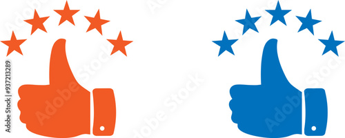 Customer review rating with 5 stars and thumb up feedback. Five star rating badge, review rating icon.