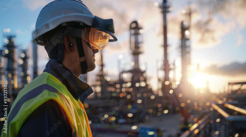 Fototapeta premium Industrial Strength: A lone worker stands against the backdrop of a sprawling industrial plant, bathed in the warm glow of the setting sun, conveying a sense of dedication and strength in the face of 