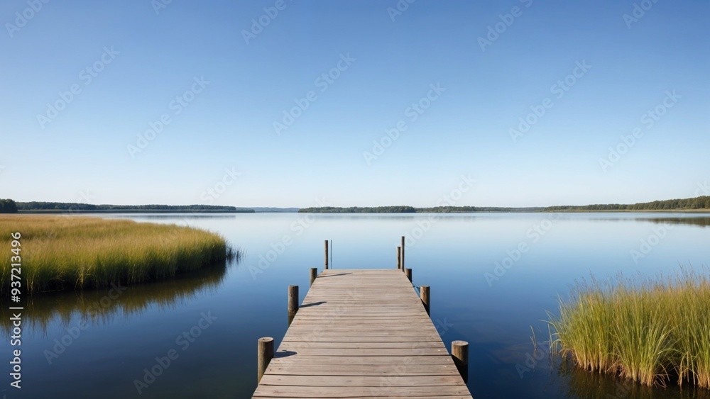 A wooden dock extending into a serene lake under a clear blue sky, ideal for peaceful nature and travel themes. A wooden dock extending into a serene lake under a clear blue sky, ideal for peaceful nature and travel themes.