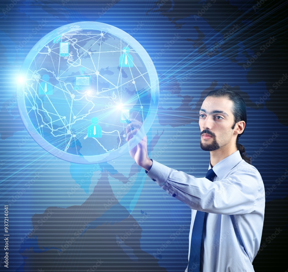 Young man in social network concept Young man in social network concept