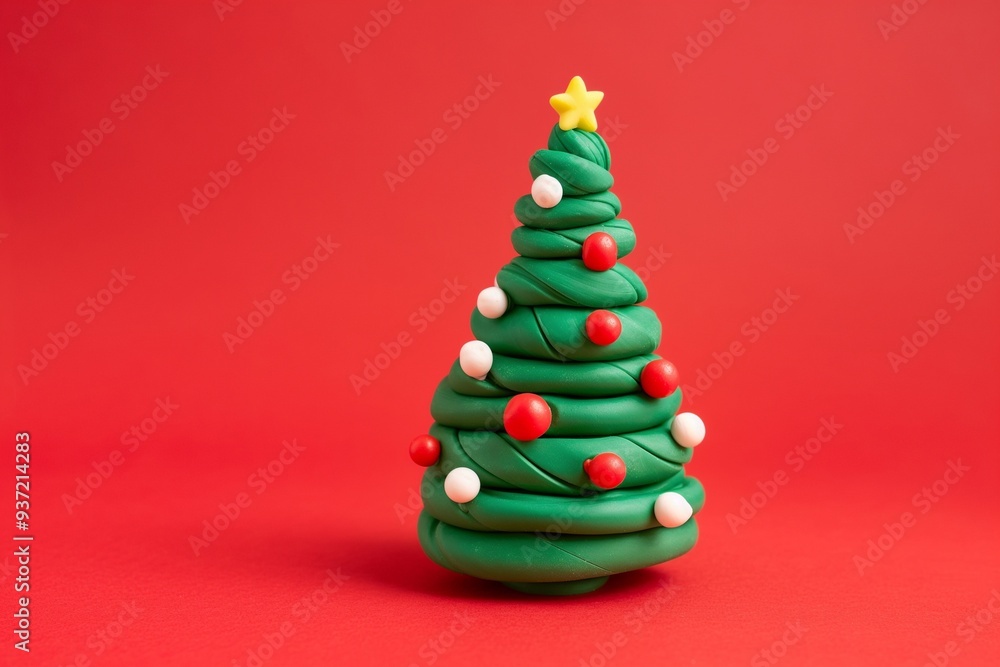Christmas tree polymer clay isolate on red background Christmas tree polymer clay isolate on red background