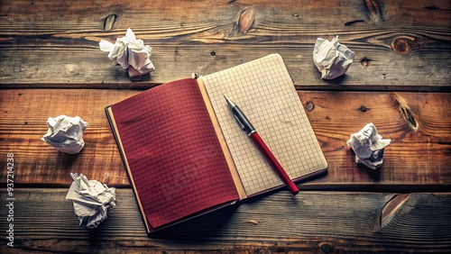 A worn, crimson-hued notebook lies open on a rustic wooden desk, surrounded by scattered pens and crumpled papers, evoking a sense of creative melancholy. photo