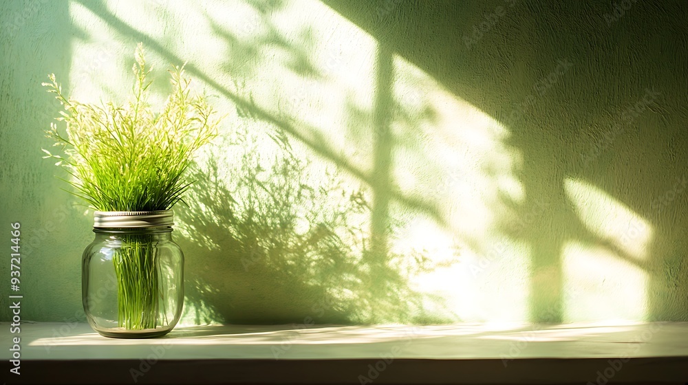 Green Grass in a Jar on a White Table Against a Green Wall Green Grass in a Jar on a White Table Against a Green Wall