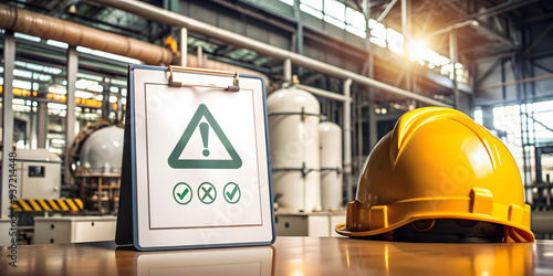 3D Icon as Safety data sheet and manufacturing equipment concept as A safety data sheet paired with manufacturing equipment symbolizing the importance of safety information in industrial processes ide