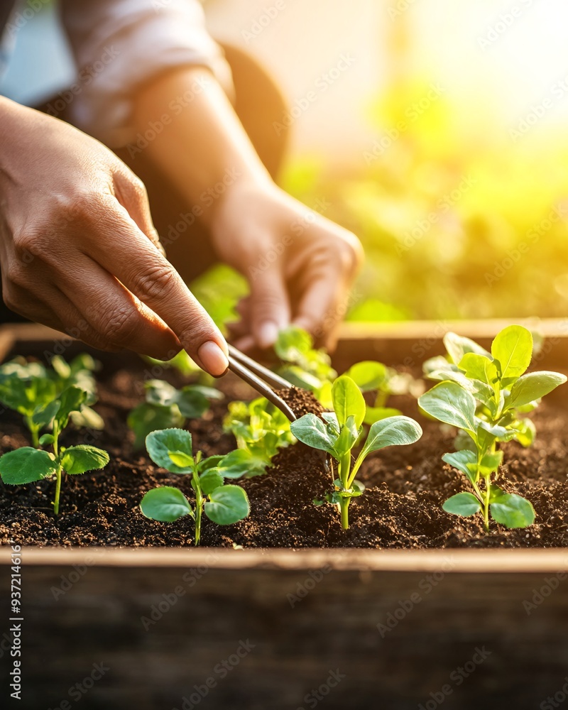 Close-Up of Hands Tending to Young Plants in a Sunlit Garden Close-Up of Hands Tending to Young Plants in a Sunlit Garden