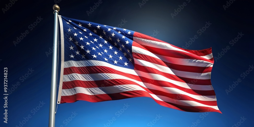 Fototapeta premium Waving American Flag Against a Blue Sky, digital illustration, blue sky, red and white stripes, stars, American flag, patriotism