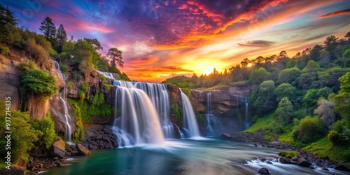 Fototapeta Naklejka Na Ścianę i Meble -  Waterfall Majesty at Sunset, Landscape Photography, Water Feature, Natural Beauty, Scenic , waterfall, sunset