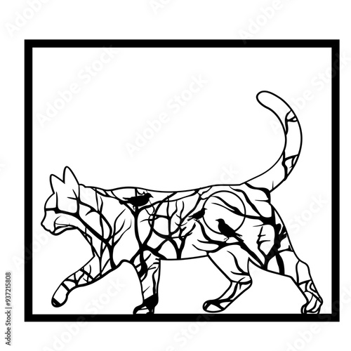 Cat Tree | Cat in Nature | Tree Bird | Nature Scene | Cute Pet | Cute Kitten | Birds in a Tree Twigs | Domestic Animal | Original Illustration | Vector and Clipart | Cutfile and Stencil