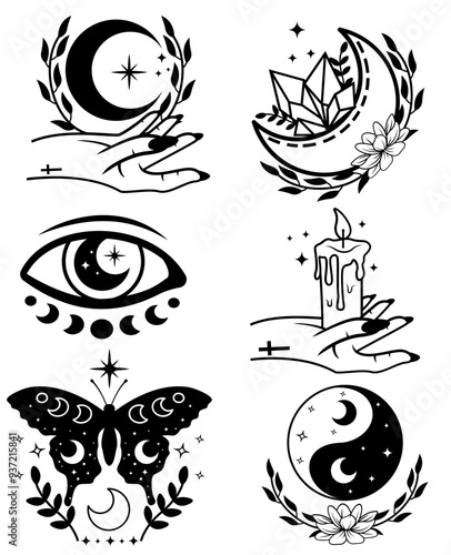 Celestial | Mystical | Celestial Spirits | Floral Yin-Yang | Crystal Moon | Celestial Bundle | Hand with Candle | Hand under the Moon | Original Illustration | Vector and Clipart | Cutfile and Stencil