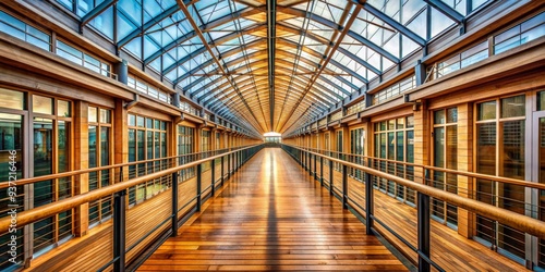 Wood and Glass Corridor Perspective View, Long Exposure, Wooden Deck, Architecture, Interior Design, Modern, Light