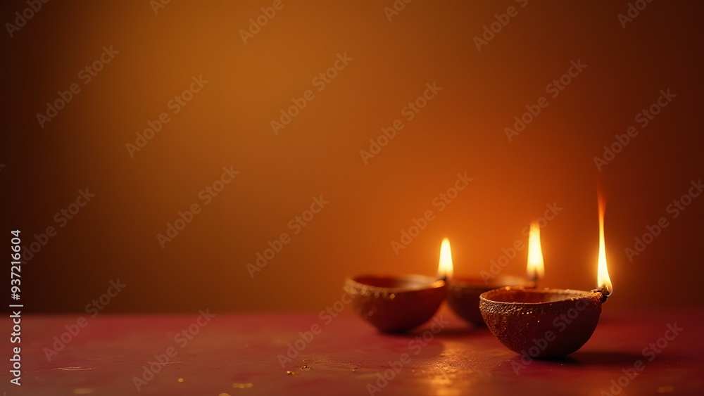 Three glowing diya lamps arranged against a warm orange background, symbolizing peace and unity Three glowing diya lamps arranged against a warm orange background, symbolizing peace and unity