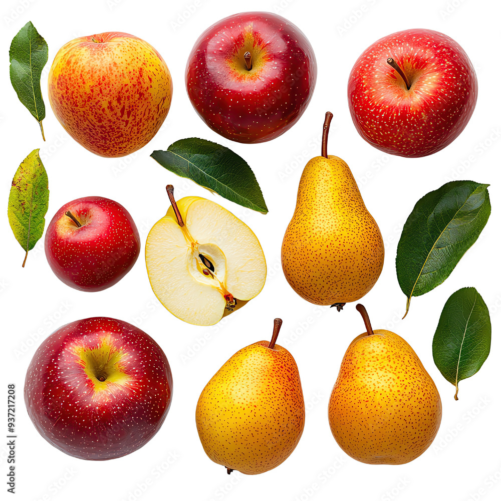 A vibrant assortment of red apples and yellow pears, showcasing freshness and organic beauty with green leaves A vibrant assortment of red apples and yellow pears, showcasing freshness and organic beauty with green leaves
