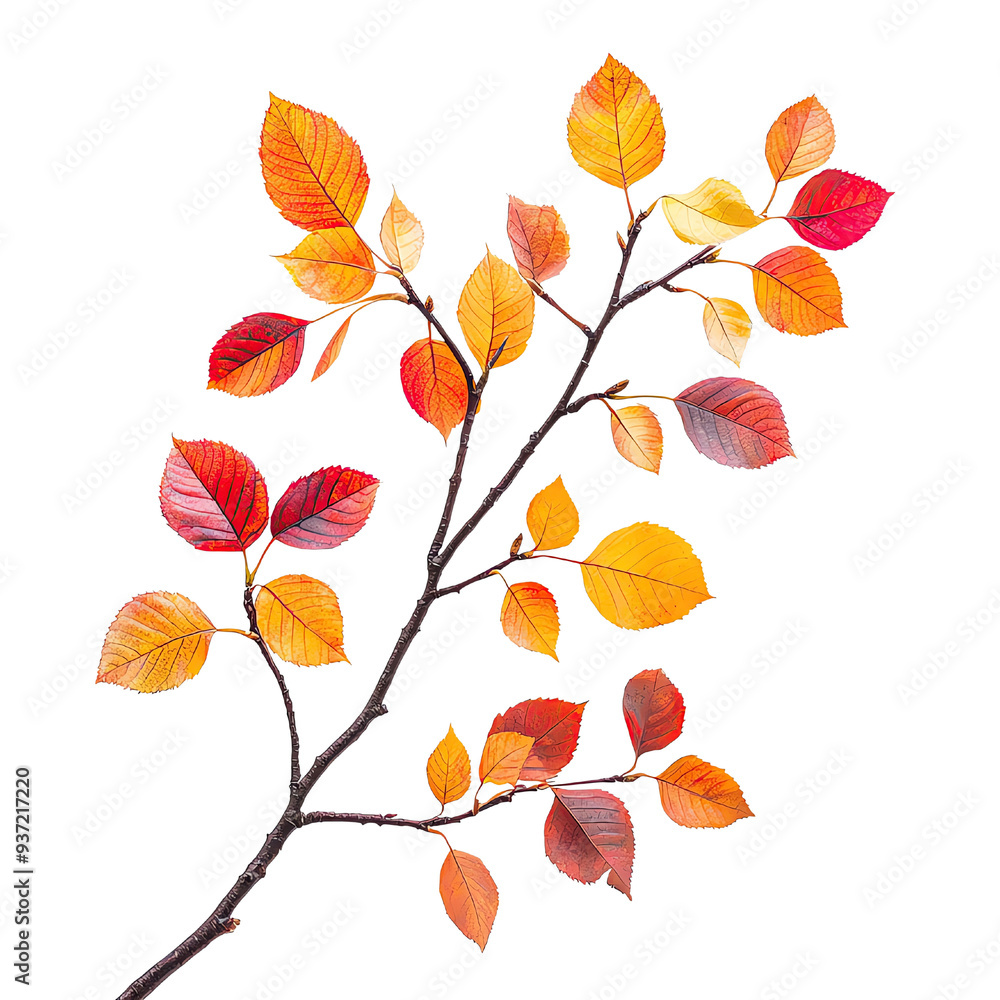 Obraz premium A vibrant autumn branch adorned with colorful leaves in shades of red, orange, and yellow, perfect for seasonal designs