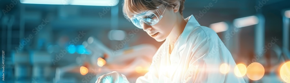 Female Scientist Working in Laboratory with Safety Glasses and Lab Coat Female Scientist Working in Laboratory with Safety Glasses and Lab Coat