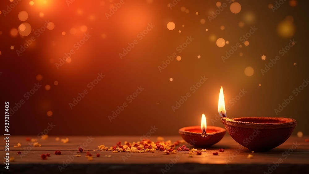 Two glowing diya lamps with scattered petals and a warm bokeh-lit background, creating a serene festive mood Two glowing diya lamps with scattered petals and a warm bokeh-lit background, creating a serene festive mood