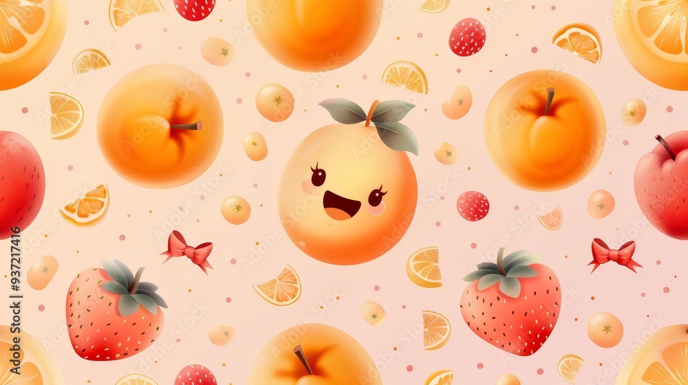 Cute Fruit Pattern with Orange Strawberry Apple and Lemon Slices Cute Fruit Pattern with Orange Strawberry Apple and Lemon Slices