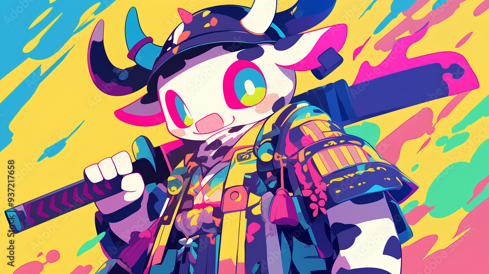 Cute cow wearing Japanese samurai armor, cool poses, cute kawaii, simple, smiling happy. high quality, neon psychedelic background Cute cow wearing Japanese samurai armor, cool poses, cute kawaii, simple, smiling happy. high quality, neon psychedelic background