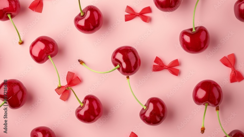 Red Cherries with Red Bows on Pink Background Red Cherries with Red Bows on Pink Background