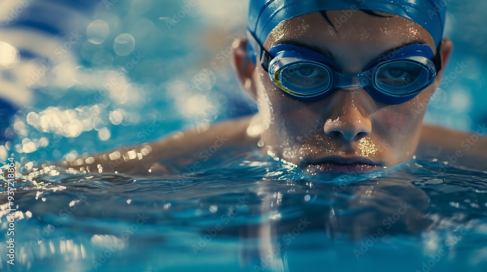 Naklejka premium Swimmers who are swimming in the pool for the competition show their determination and eyes that never give up.