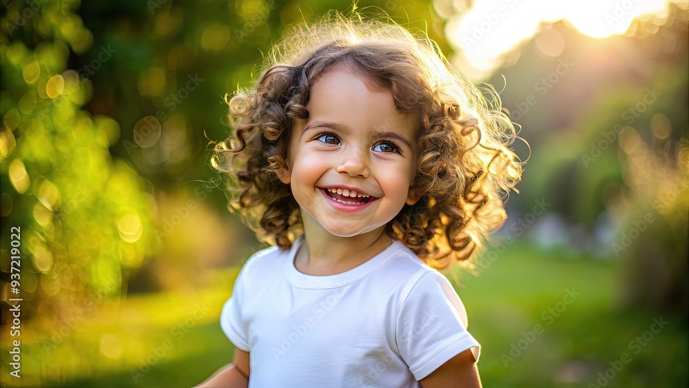Adorable little girl with curly brown hair and bright smile wears a crisp white t-shirt and plays happily outdoors on a sunny day. Adorable little girl with curly brown hair and bright smile wears a crisp white t-shirt and plays happily outdoors on a sunny day.