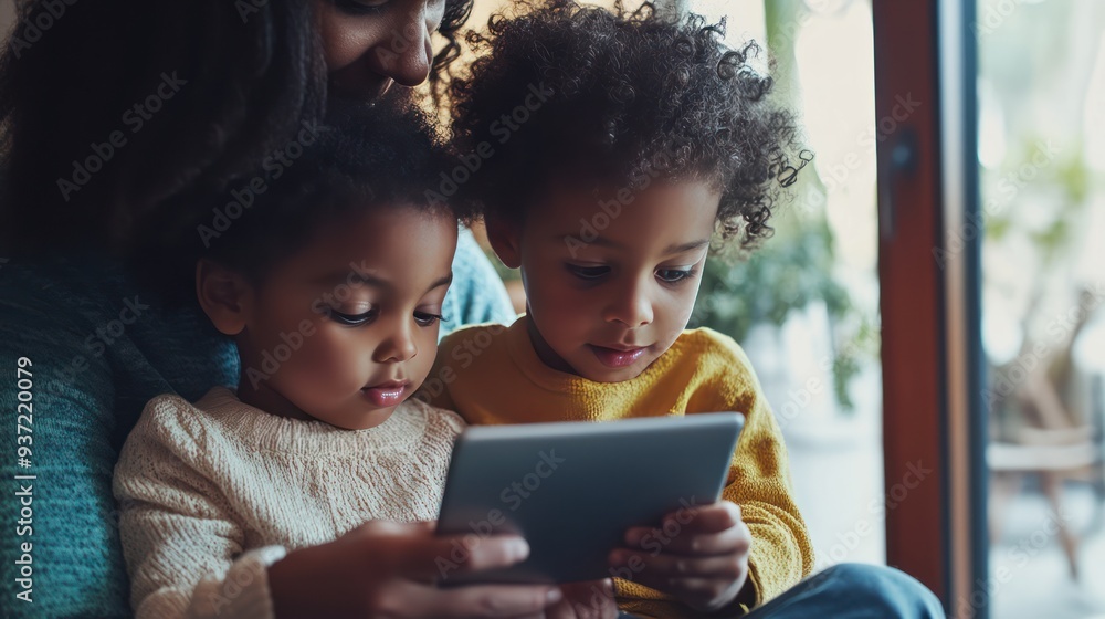 Mother and Two Children Looking at a Tablet Mother and Two Children Looking at a Tablet