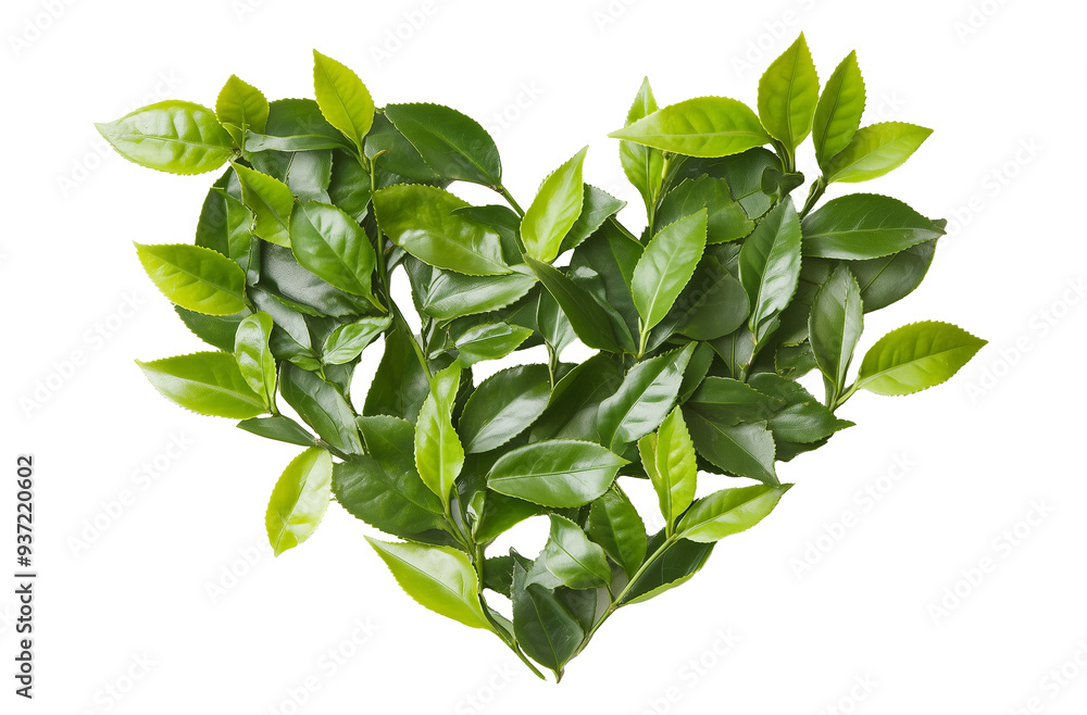 Fresh green tea leaves in heart shape with transparent background. Fresh green tea leaves in heart shape with transparent background.