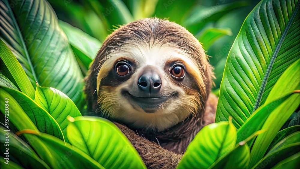 Adorable sloth face with gentle smile and bright eyes, surrounded by lush green leaves, symbolizing relaxation, calmness, and harmonious connection with nature. Adorable sloth face with gentle smile and bright eyes, surrounded by lush green leaves, symbolizing relaxation, calmness, and harmonious connection with nature.