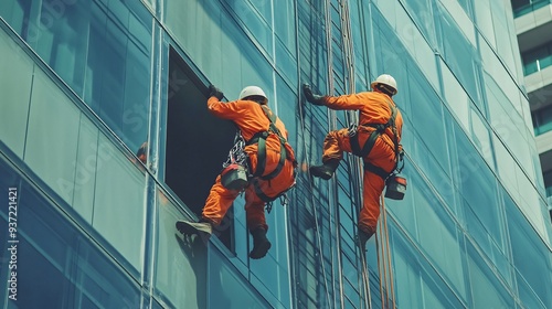 Construction workers in safety gear working on a high-rise building