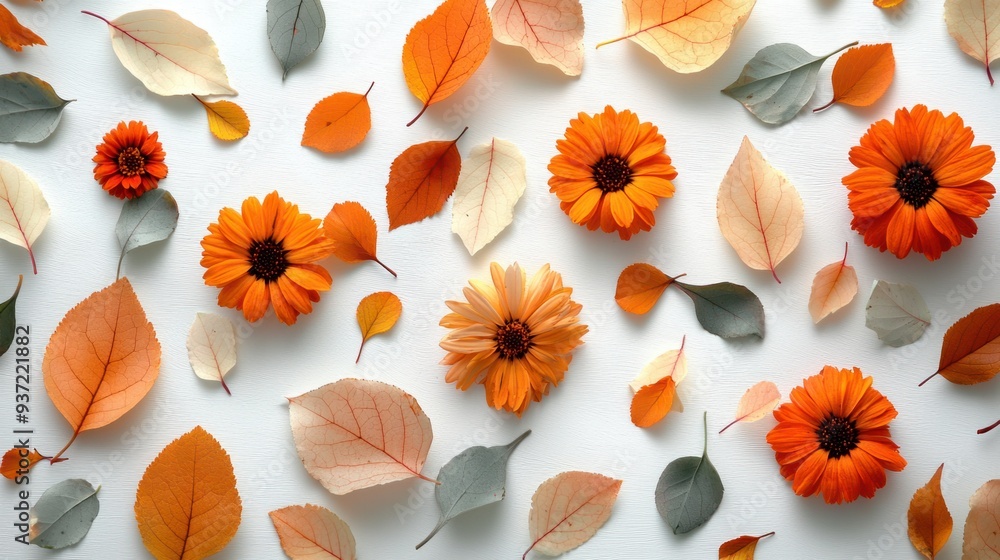 Delicate Terracotta and Mint Green Autumn Leaves with Mini Marigolds on White Background - Minimalistic High Resolution Nature Concept Delicate Terracotta and Mint Green Autumn Leaves with Mini Marigolds on White Background - Minimalistic High Resolution Nature Concept