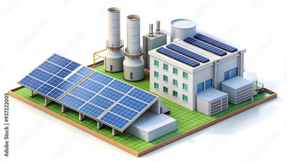 3D Icon as Solar cell and factory layout concept as A solar cell paired with a factory layout representing the integration of solar energy solutions in manufacturing designs ideal for clean and isolat 3D Icon as Solar cell and factory layout concept as A solar cell paired with a factory layout representing the integration of solar energy solutions in manufacturing designs ideal for clean and isolat