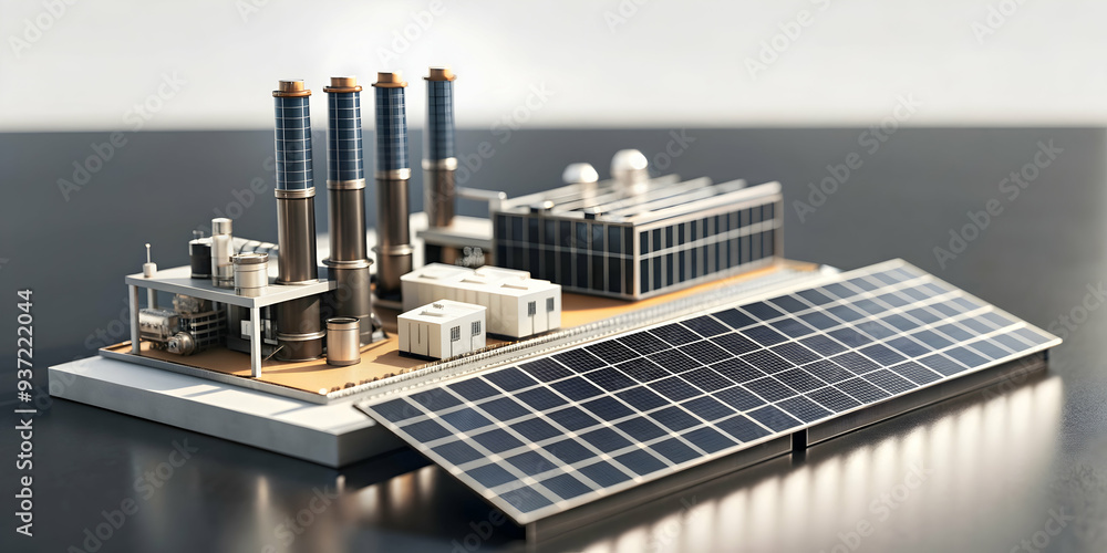 3D Icon as Solar cell and factory layout concept as A solar cell paired with a factory layout representing the integration of solar energy solutions in manufacturing designs ideal for clean and isolat 3D Icon as Solar cell and factory layout concept as A solar cell paired with a factory layout representing the integration of solar energy solutions in manufacturing designs ideal for clean and isolat