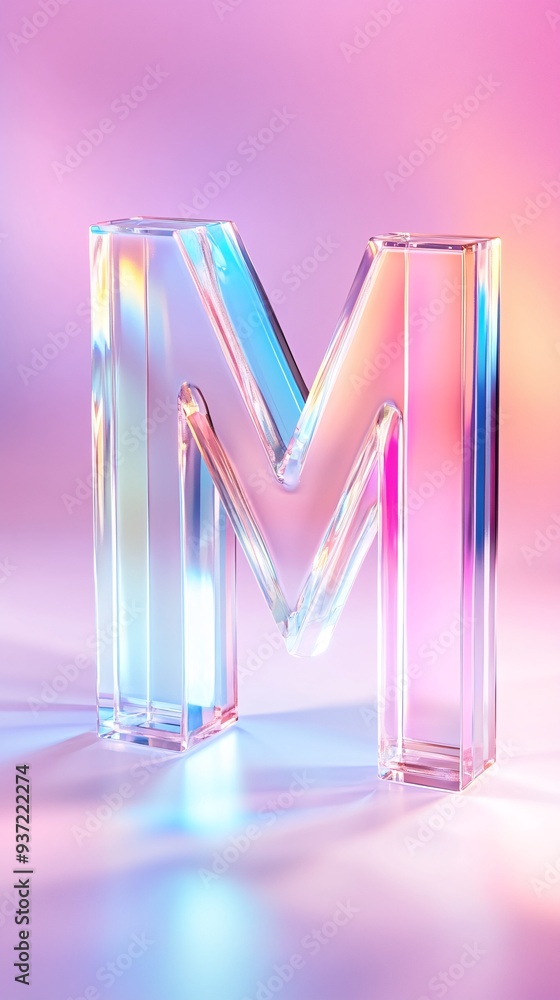 Crystal Letter M with Vibrant Gradient Light on Pink and Blue Background Crystal Letter M with Vibrant Gradient Light on Pink and Blue Background