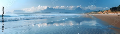 Tranquil Beach with Mountain Range and Blue Sky