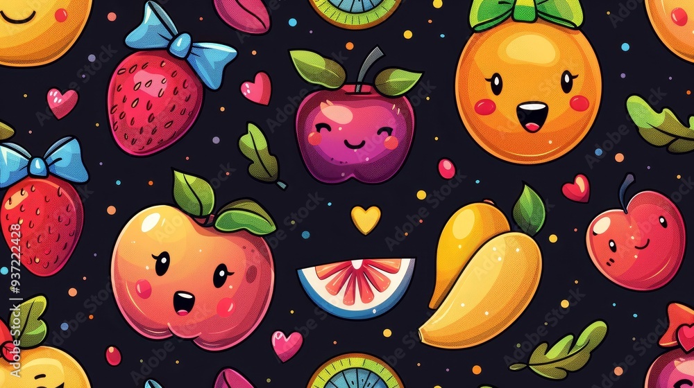 Cute Fruit Seamless Pattern with Hearts and Bows Cute Fruit Seamless Pattern with Hearts and Bows