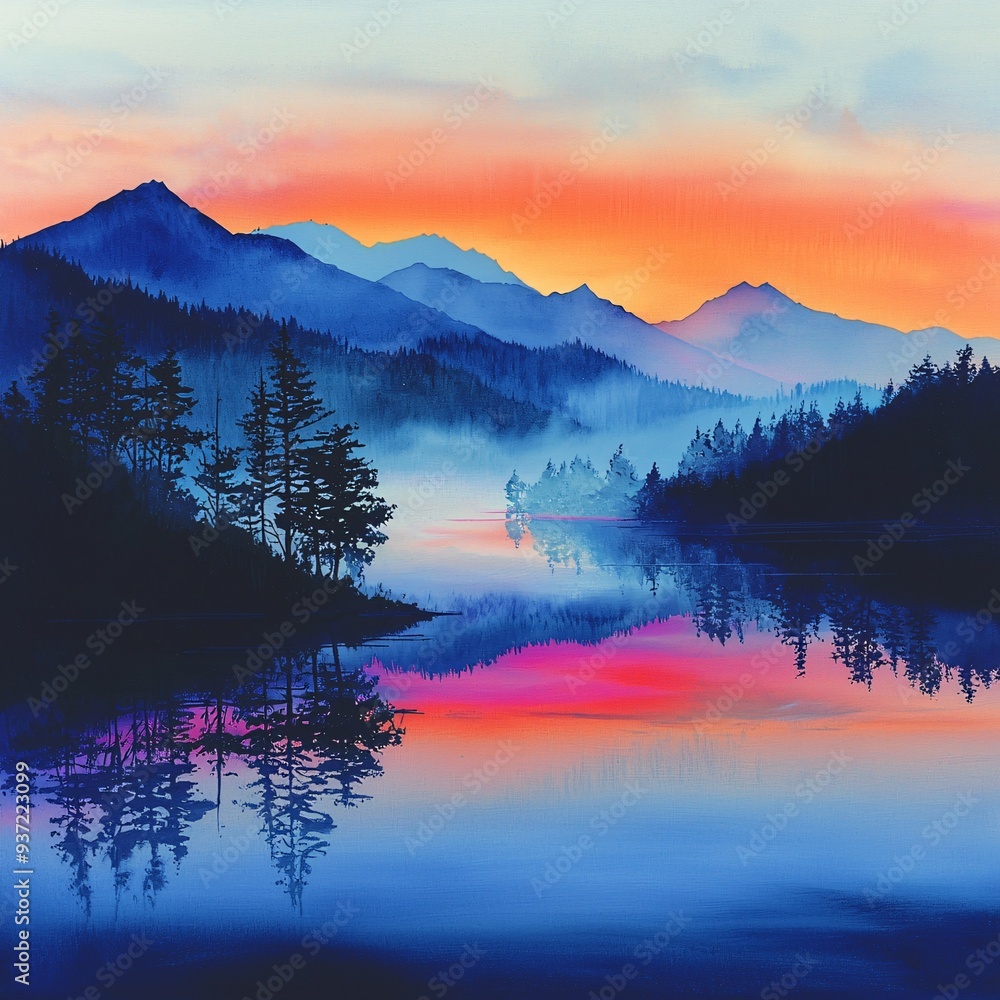 A tranquil dawn unfolds over misty peaks, where a still lake mirrors the brilliant hues and silhouetted trees embrace the awakening light. A tranquil dawn unfolds over misty peaks, where a still lake mirrors the brilliant hues and silhouetted trees embrace the awakening light.