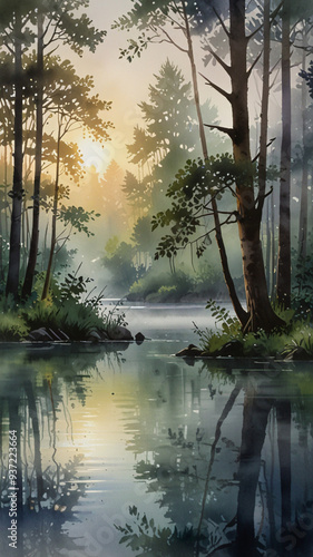 Watercolor Painting: Serene woodland scene at dawn with mist rolling over the tranquil lake,