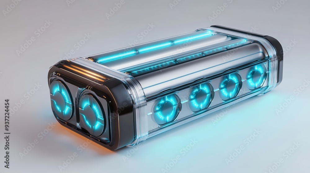 An EV battery module with cylindrical cells, depicted in a realistic style on a white background, representing energy storage technology. 3D Rendering An EV battery module with cylindrical cells, depicted in a realistic style on a white background, representing energy storage technology. 3D Rendering